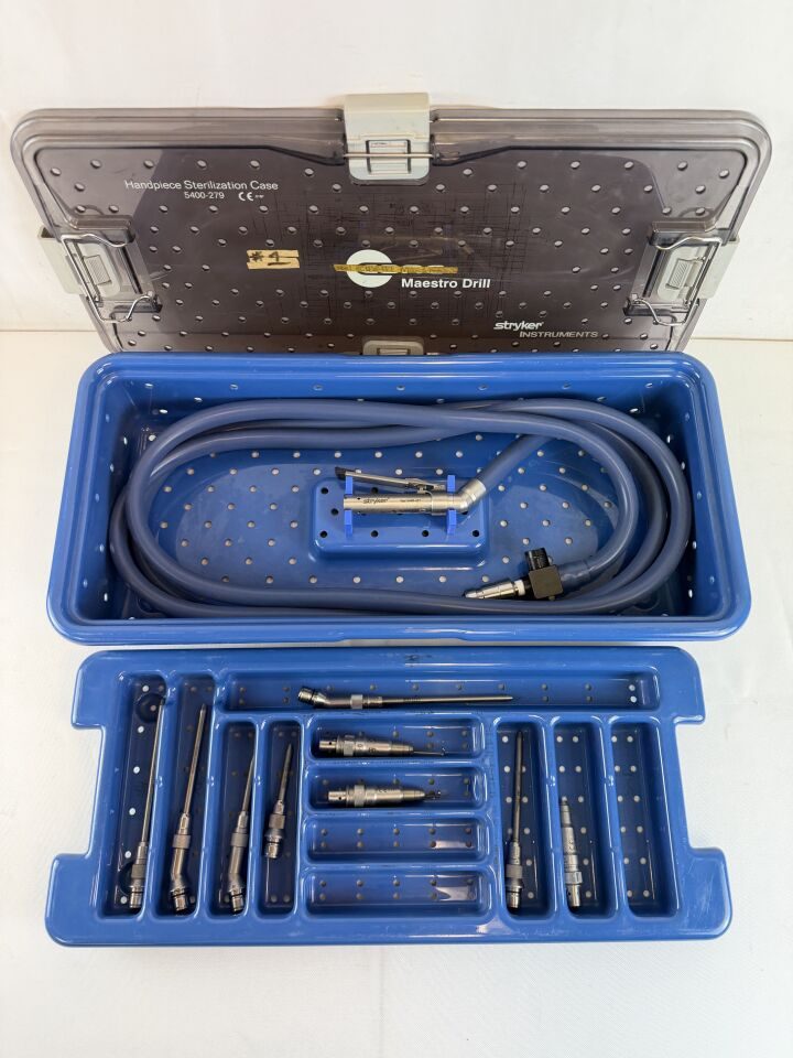 STRYKER 5400-201 Maestro w/ Handswitch Pneumatic Drill w/ 9 Attachments