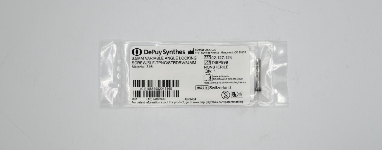 SYNTHES 02.127.124 Depuy Locking Screw, 3.5 dia. x 24 mm Length, Stainless Steel