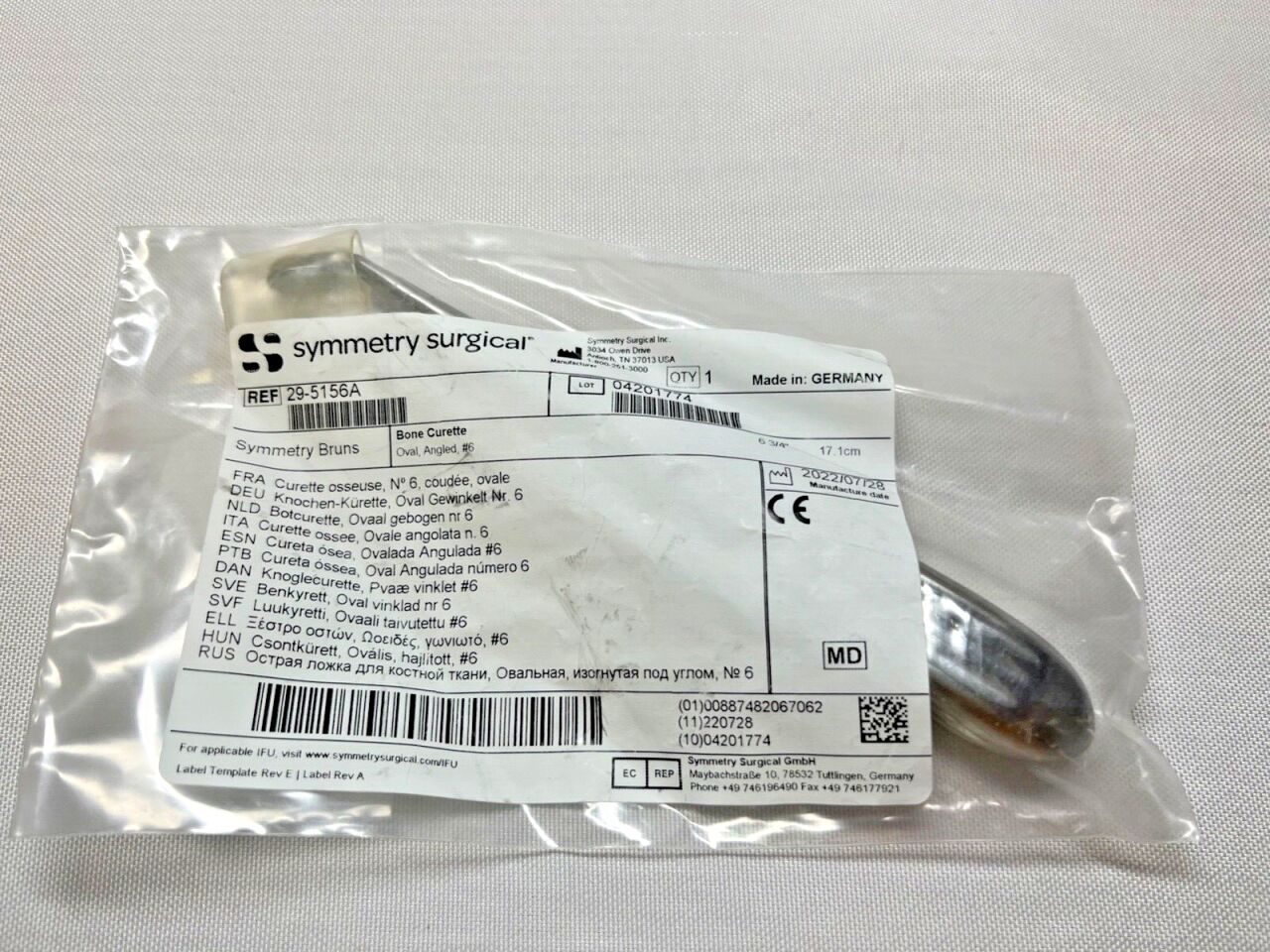 SYMMETRY SURGICAL 29-5156A Bruns Bone Curette Size #6 Oval Angled 6-3/4" — photo 1