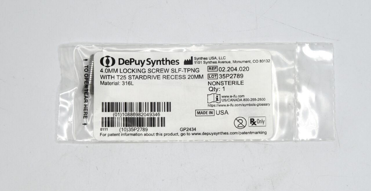 SYNTHES 02.204.020 Locking Screw, Stainless Steel, Self-Tapping, with T25 StarDrive Recess