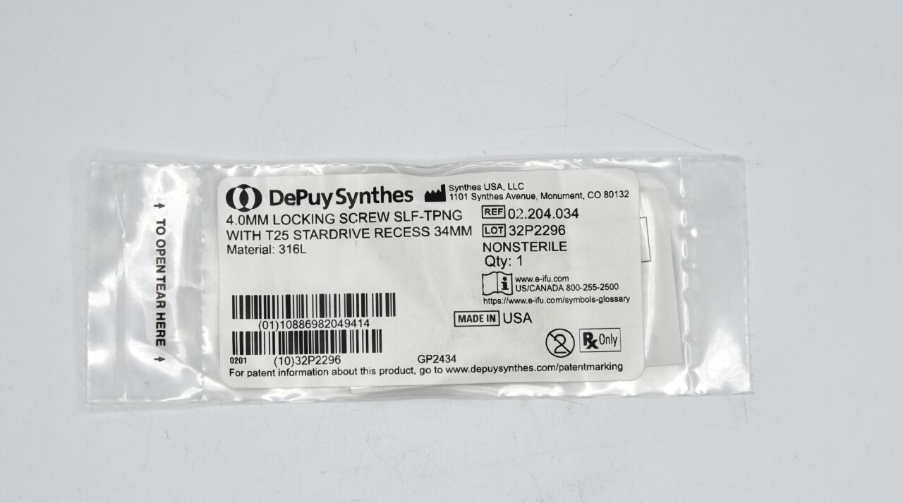 SYNTHES 02.204.034 Depuy Locking Screw, 4 dia. x 34 mm Length, with T25 StarDrive Recess