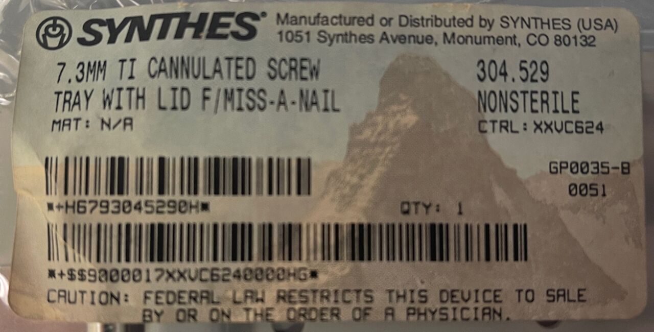SYNTHES 304.529 7.3MM TI Cannulated Screw Tray w/ Lid — photo 2