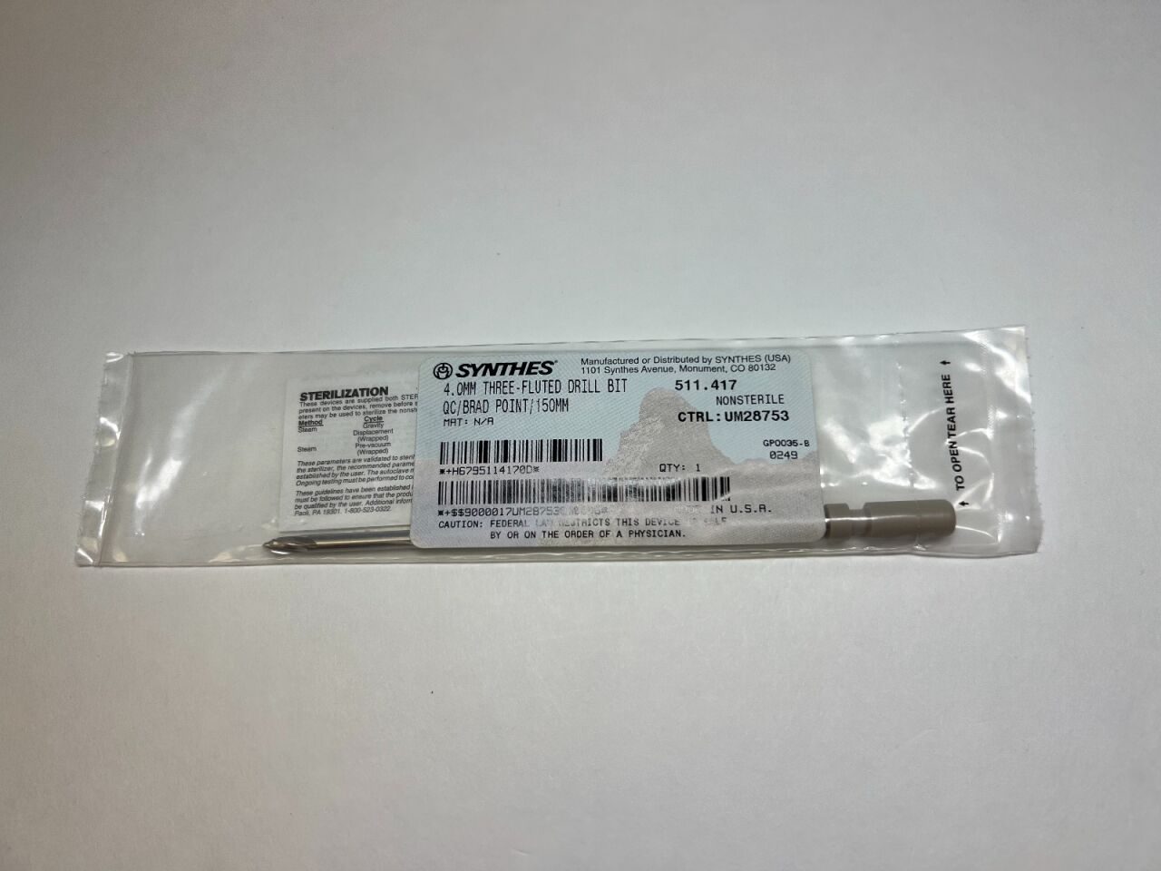 SYNTHES 511.417 4.0mm 3-Flute Drill Bit w/ Brad Point (NEW) Drill Bit — photo 2