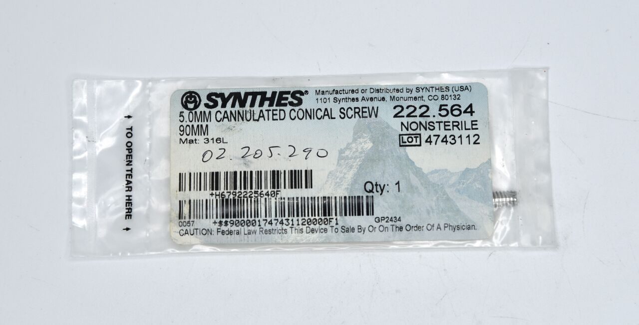 SYNTHES 222.574 Locking Screw, 7.3 dia. x 85 mm Length, Stainless Steel, Cannulated, For Periarticular LCP Plating System
