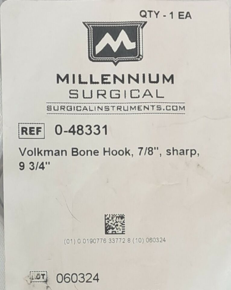 MILLENNIUM SURGICAL 0-48331 Volkman Bone Hook 7/8 Sharp 9-3/4" — photo 2