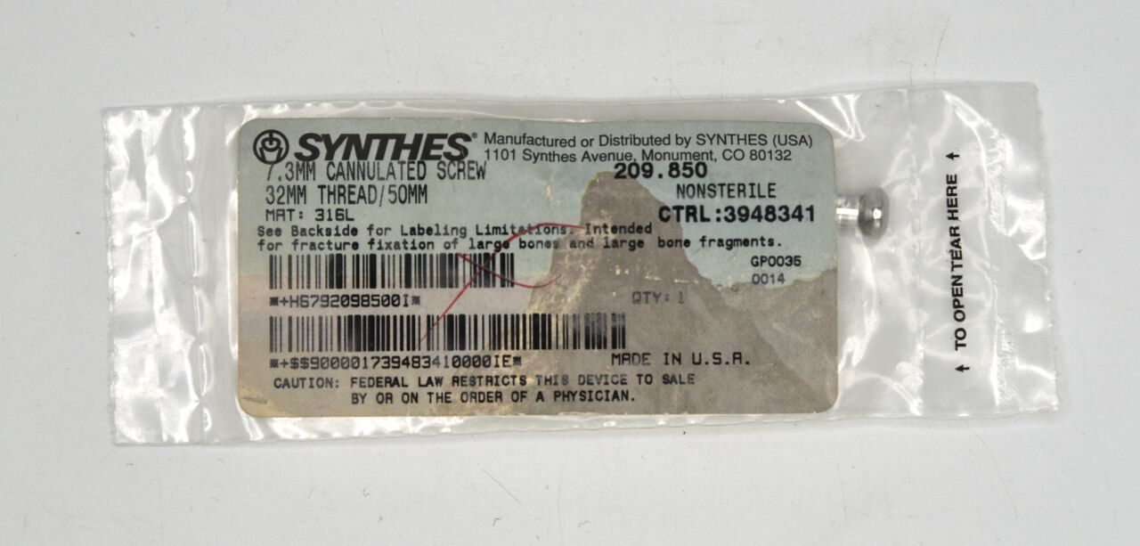 SYNTHES 209.850 7.3 mm CANNULATED SCREW 32 mm THREAD/50 mm, Reference