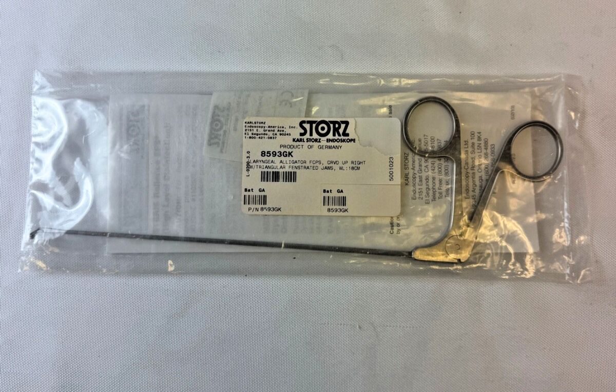 KARL STORZ 8593GK Laryngeal Alligator Forcep Curved Up Right Triangular Jaw 18cm