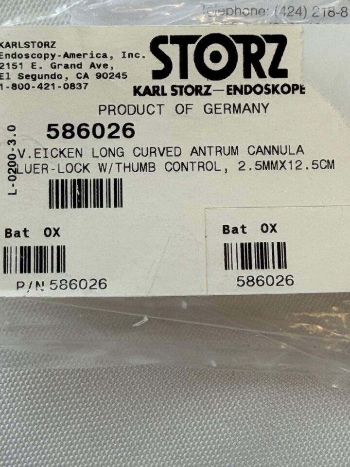 KARL STORZ 586026 Eiken Long Curved Antrum Cannula Luer Lock Thumb 2.5mm x 12.5cm — photo 3