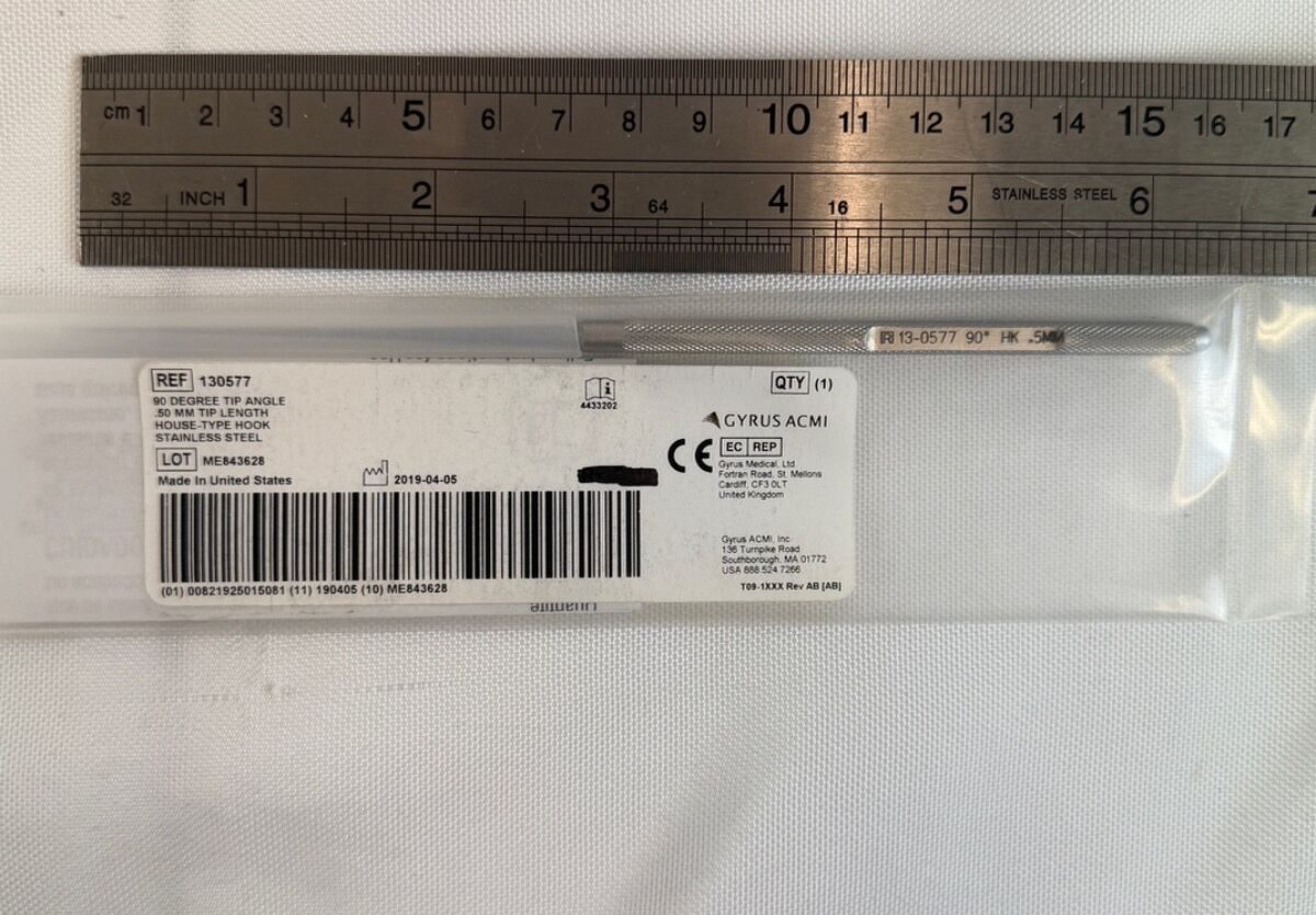 GYRUS ACMI 130577 90deg x 0.5mm Tip L: 6.5" ENT Otology House Type Hook ENT Otology — photo 4