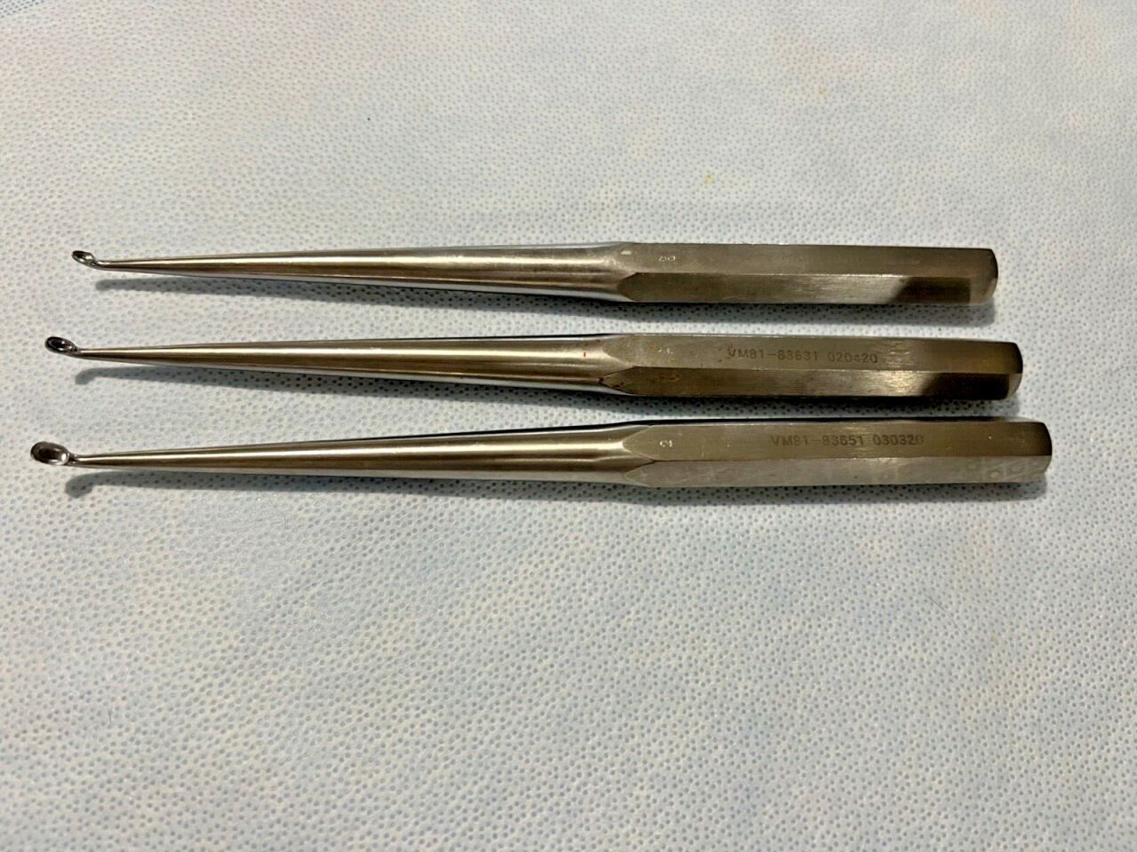 V. MUELLER Size 2, 0, 00 Neurology Spinal Set Of 3 Curved Oval Cup Curettes 9"