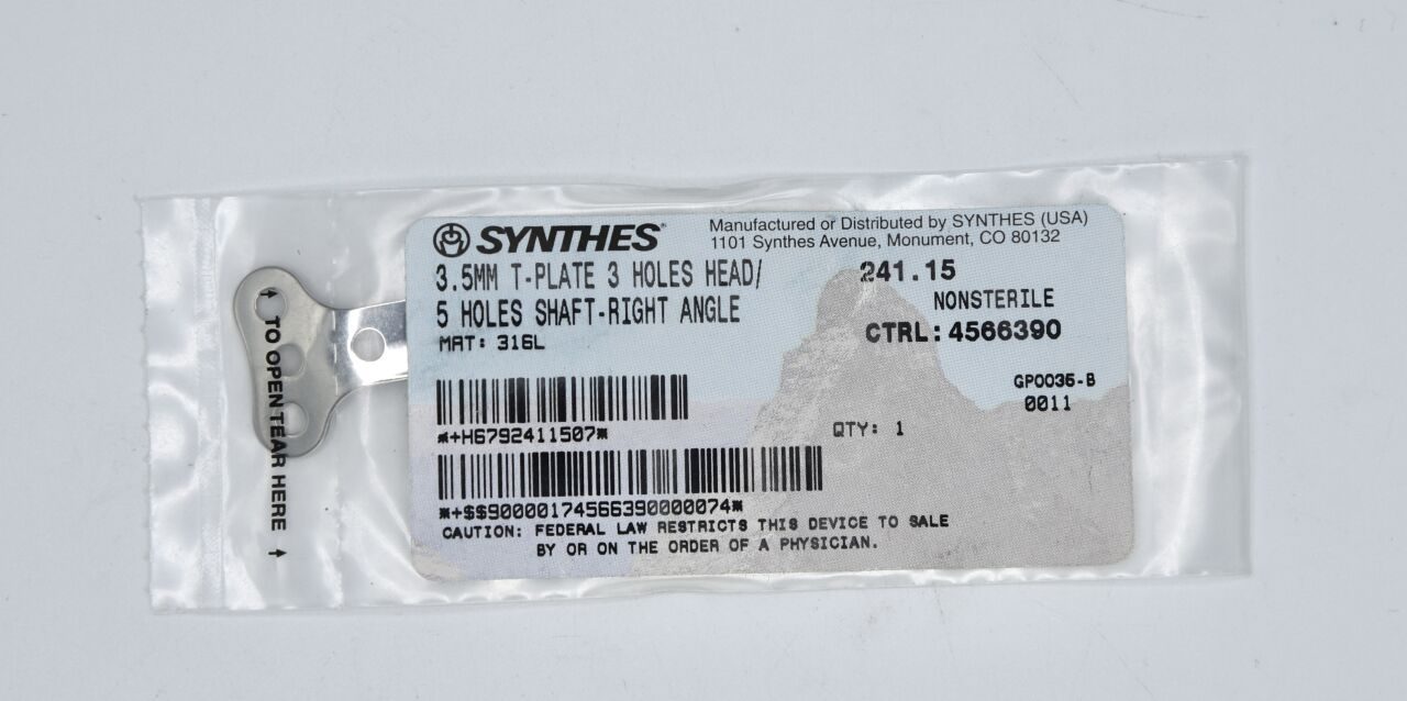 SYNTHES 241.15 3.5MM T-PLATE 3 HOLES HEAD/ 5HOLES SHAFT-RIGHT ANGLE