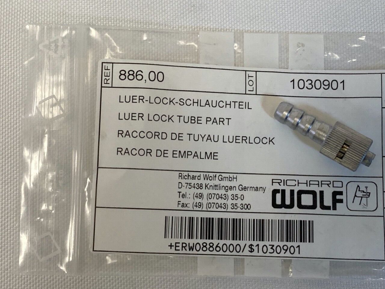 R. WOLF 886  00 Luer Lock Tube Part Adapter w/o Stopcock Valve General Surgery — photo 1