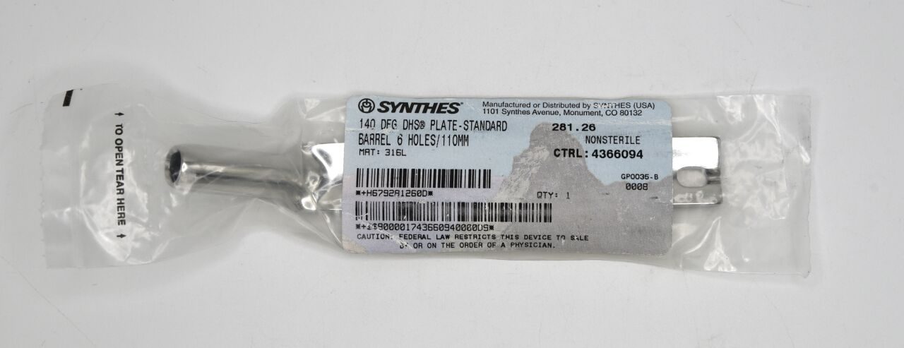 SYNTHES 281.26  DHS Plate, 6 Holes, Stainless Steel, 140° Angle, 110 mm Shaft Length