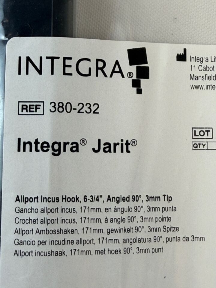 JARIT INTEGRA 380-232 Allport Incus Hook 90deg x 3mm Blunt Tip L: 6.75" ENT — photo 2