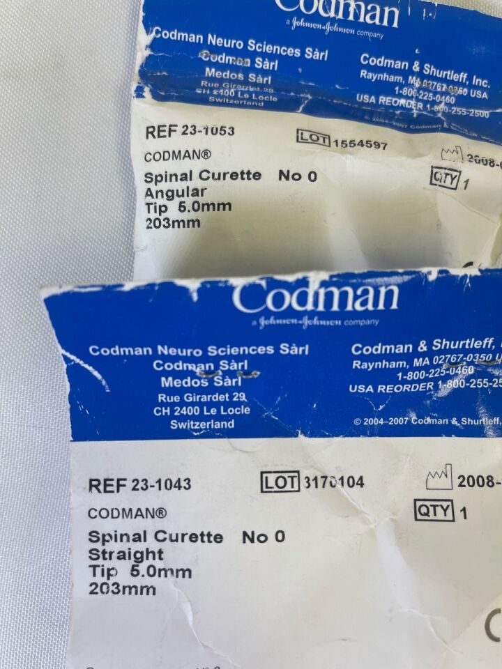 CODMAN 23-1043 & 23-1053 Pair of Straight & Angled Spine Curettes Size 0 x 8" — photo 2