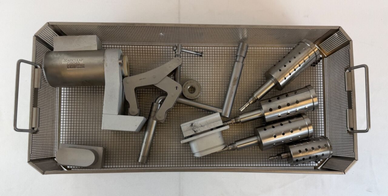 AESCULAP GB040 Manual Bone Mill & Accessories w/ Sterilization Tray