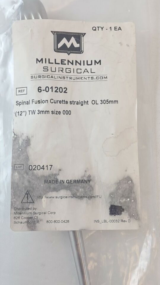 MILLENNIUM SURGICAL 6-01202 Spinal Fusion Curette Straight OL 305mm 12" — photo 3