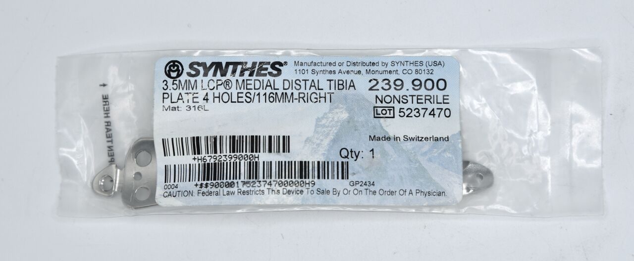 SYNTHES 239.900 NEW Depuy LCP Medial Distal Tibial Plate, 3.5 mm Size, Stainless Steel, 116 mm-Right