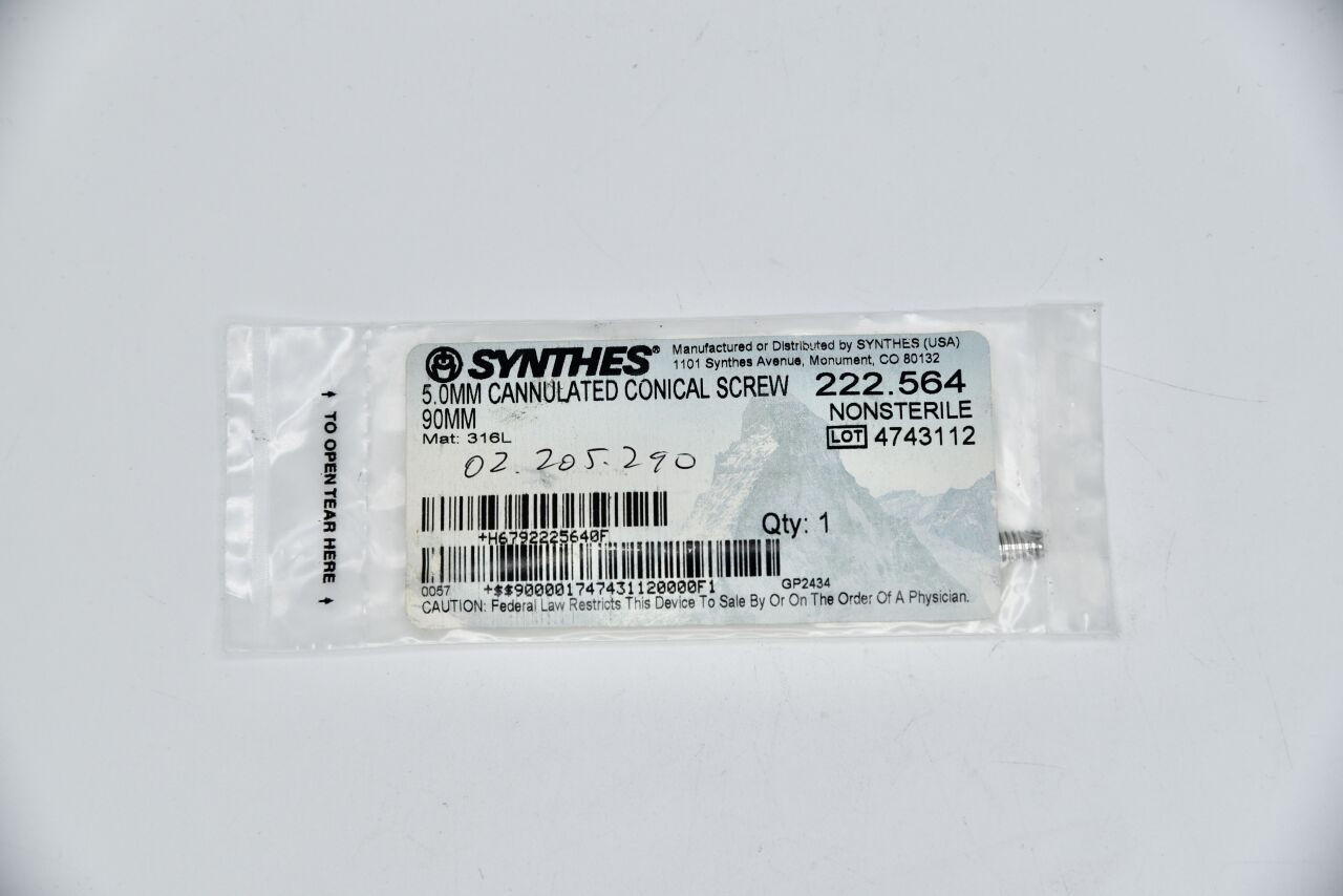 SYNTHES 222.564 DePuy Cannulated Conical Screw, 5 dia. x 90 mm Length