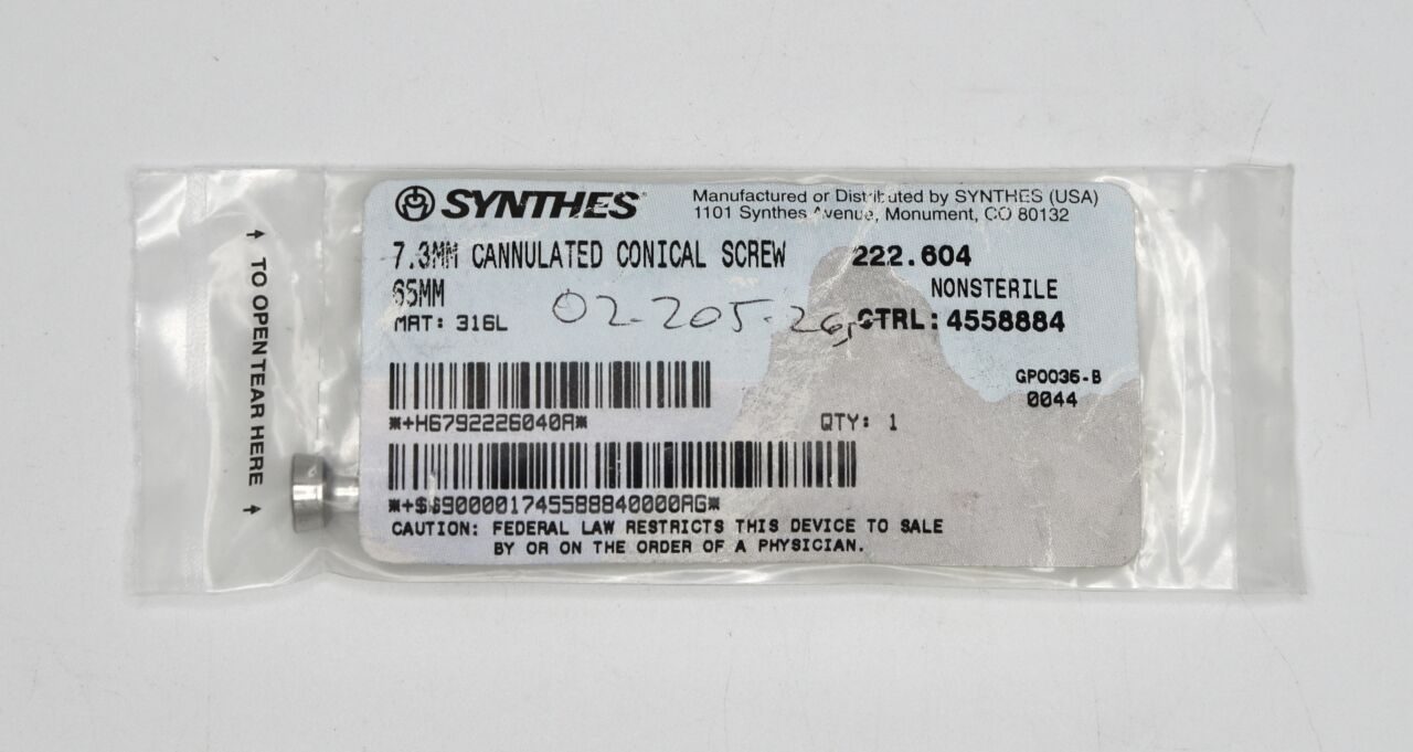 SYNTHES 222.604 Conical Screw, 7.3 dia. x 65 mm Length, Stainless Steel, Cannulated, 5 mm Increments