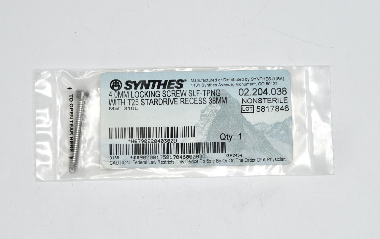 SYNTHES 02.204.038  4.0 mm LOCKING SCREW SLF-TPNG WITH T25 STARDRIVE RECESS