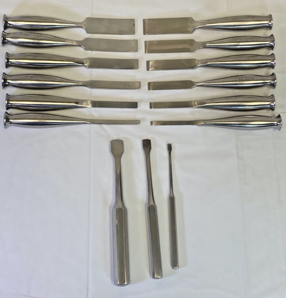 VARIOUS  Set of 15 Zimmer V. Mueller Osteotome Chisel Elevators Set w/ Sterilization Case — photo 15