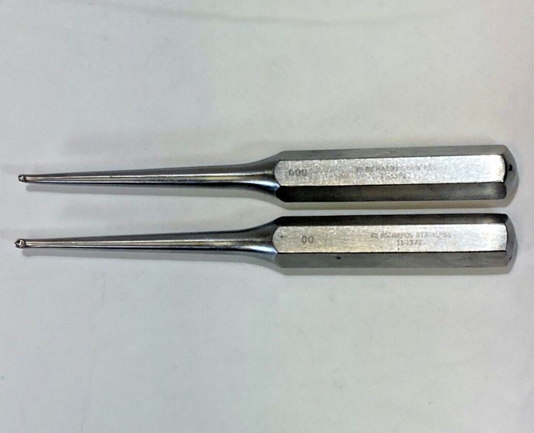 RICHARDS  Spratt Solid Hex Handle 7" Bone Curettes 00 & 000 Orthopedics Pair