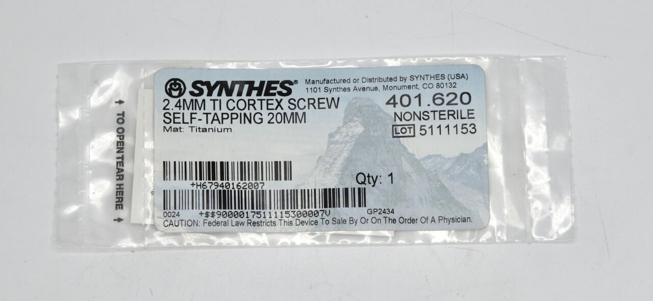 SYNTHES 401.620 DePuy Titanium Self-Tapping Cortex Screw with Cruciform Recess, 2.4 dia. x 20 mm Length